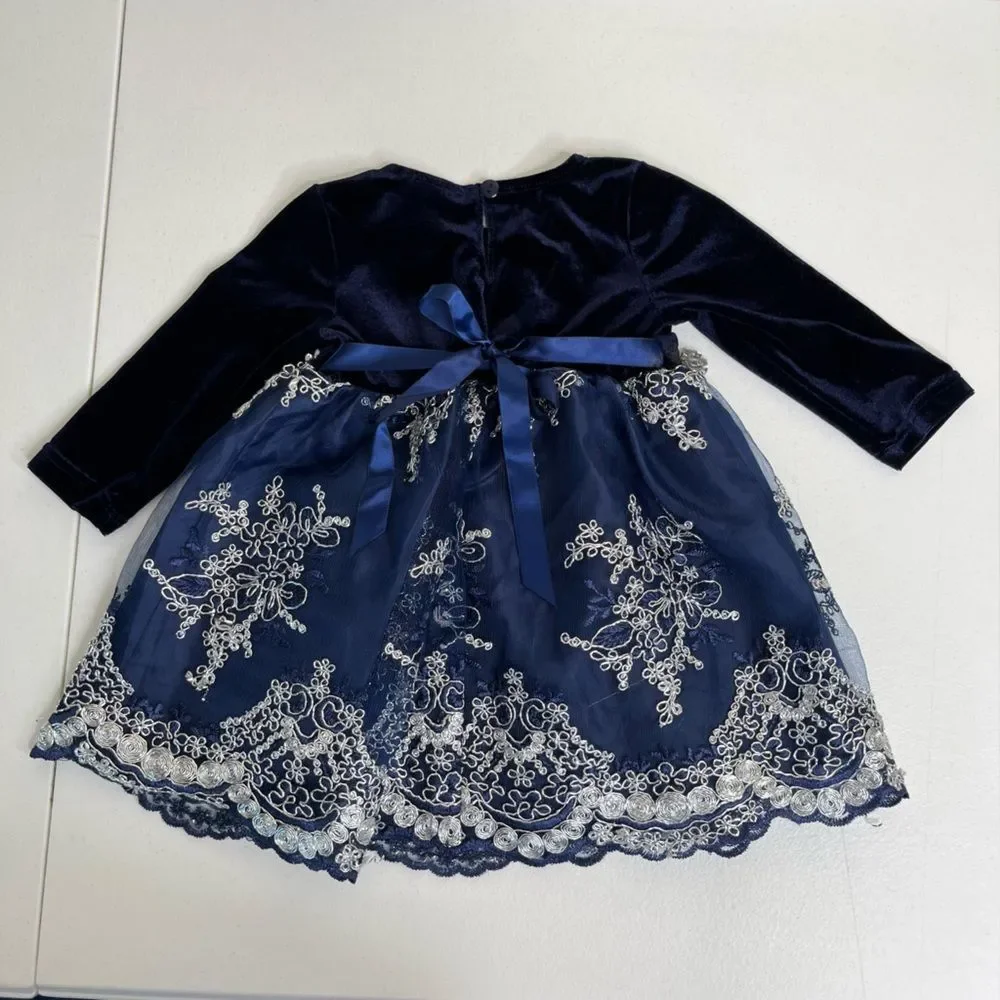 Rare Editions Navy Blue Velvet Lace Rhinestone Dress Bottom Set Girls 6-9 Months